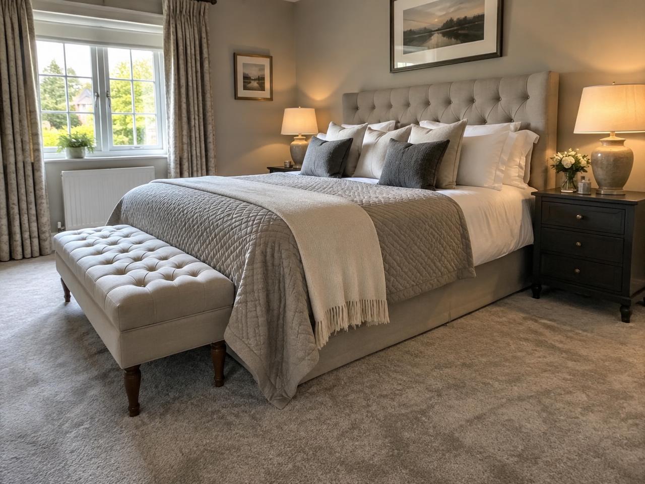 A cosy bedroom with a soft fitted carpet